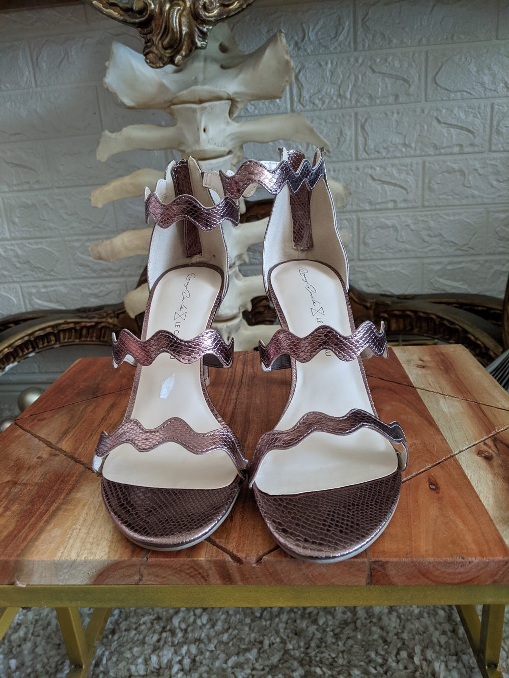 Le Chateau X Roxy Earle Metallic Brown Wavy Strap Heel Sandals